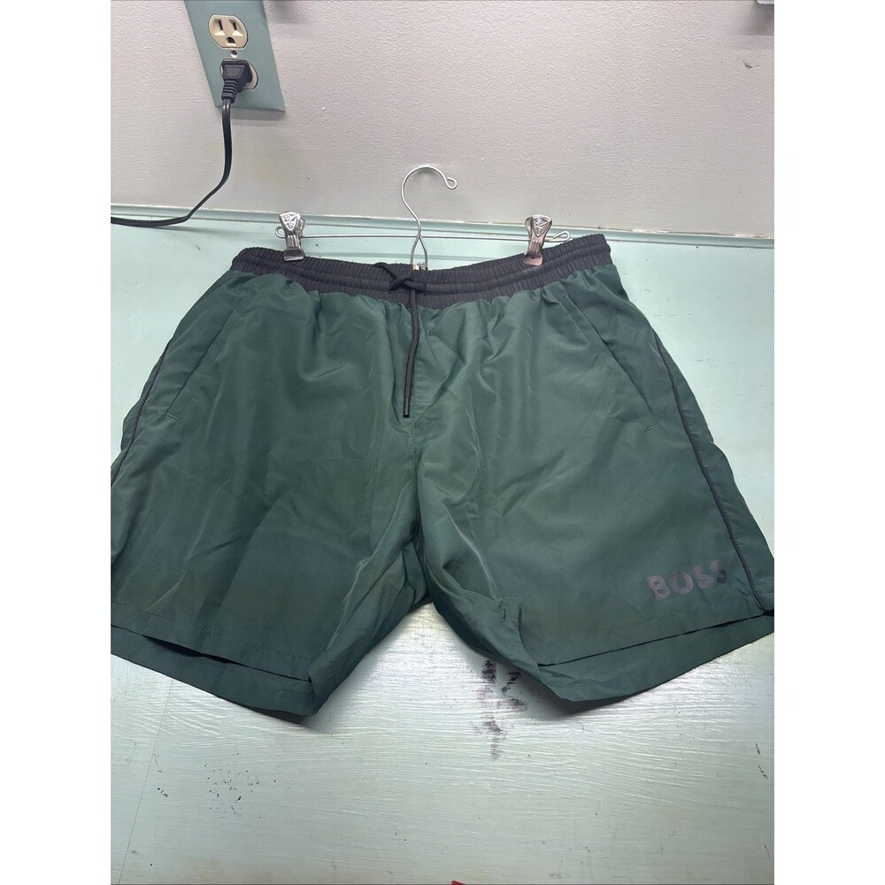 BOSS Beach Men Size XL 5.5" Drawstring Logo Swim Trunks Lined Green W/ Pockets